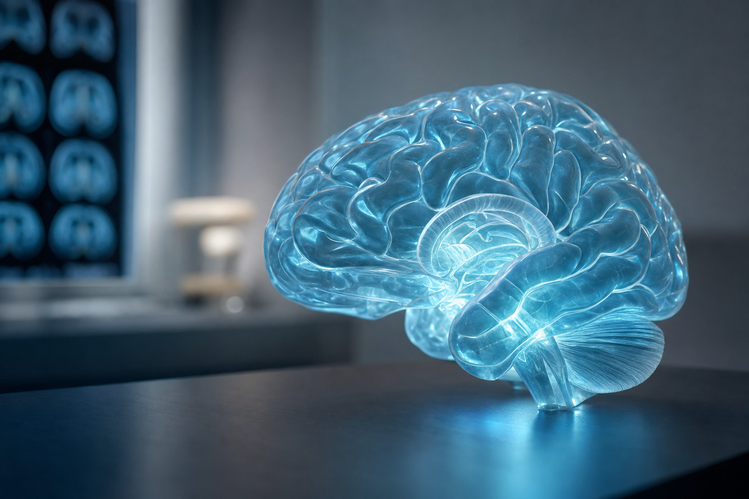 Illuminated anatomical brain model representing advanced neurological care